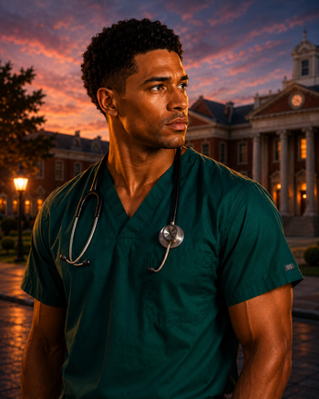 Doctor in green scrubs with stethoscope, standing outdoors at dusk in front of a lit building.