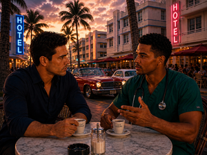 Two men talking at a café table on a neon-lit city street at sunset