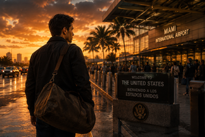 Traveler with duffel bag at Miami International Airport at sunset, with palm trees and glowing orange sky