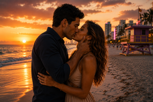 Couple kissing on a beach at sunset with orange sky and lifeguard towers in the background