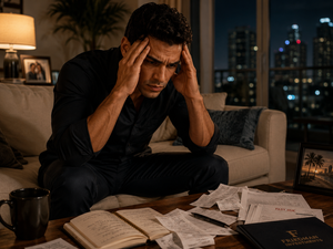 Man sitting on couch, holding his head over scattered papers and an open book, looking stressed at night.