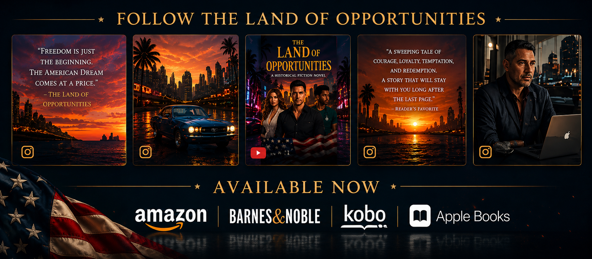 Book promotion collage for “Follow the Land of Opportunities” with book covers, author photo, and retailer logos