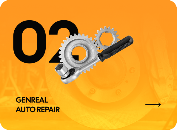 "02" with a wrench and gears, promoting "General Auto Repair." Orange background, arrow on the right. | Highlands Complete Auto