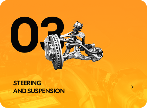 Orange graphic with the number "03," a car suspension system, and text that reads "Steering and Suspension." | Highlands Complete Auto