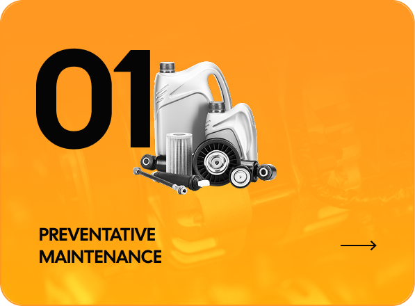 Orange box with number 01, automotive parts, and text "Preventative Maintenance." | Highlands Complete Auto