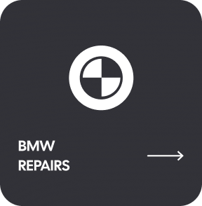 BMW Repairs. Square graphic with BMW logo and right arrow. | Highlands Complete Auto