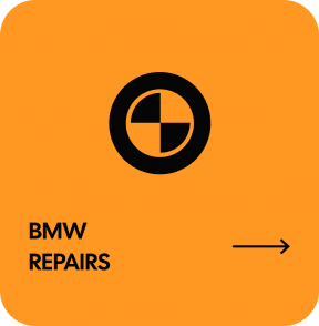 Orange square with black BMW repair logo and text. Arrow indicates more information. | Highlands Complete Auto