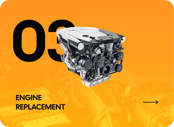 Engine replacement section, graphic with number 03 and car engine. Arrow pointing to the right. | Highlands Complete Auto