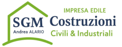 Logo per SGM Costruzioni, un'impresa edile. Presenta il profilo di una serra, il nome dell'azienda e i servizi offerti.