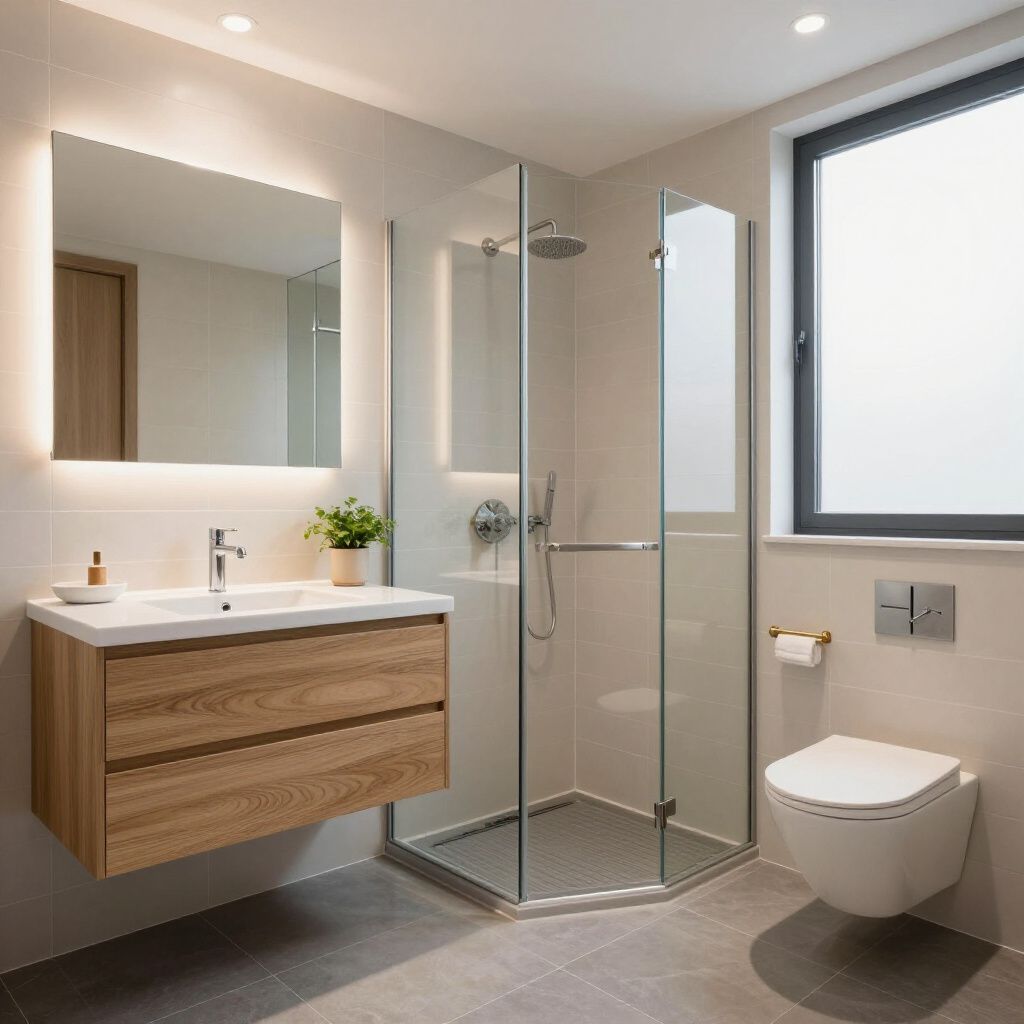 Bagno moderno con mobile lavabo sospeso in legno, doccia in vetro e WC sospeso.