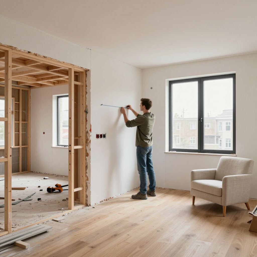 Persona che misura una parete in una stanza in fase di ristrutturazione con struttura in legno a vista, pavimento in legno e una finestra.