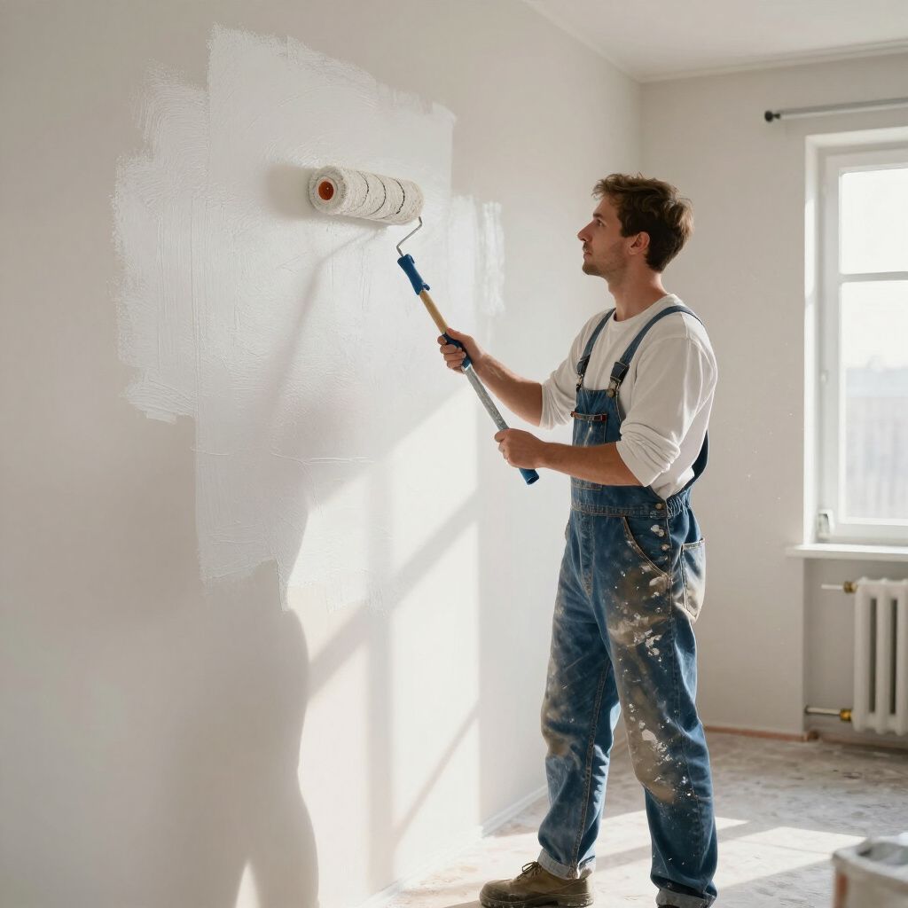 Una persona in tuta dipinge una parete bianca con un rullo in un ambiente interno.