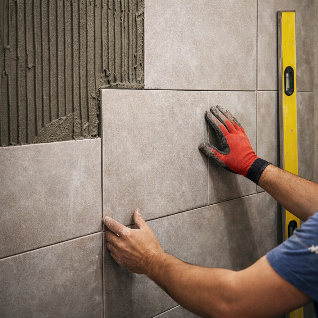 Persona con mani guantate di rosso che installa piastrelle grigie su un muro livellato.
