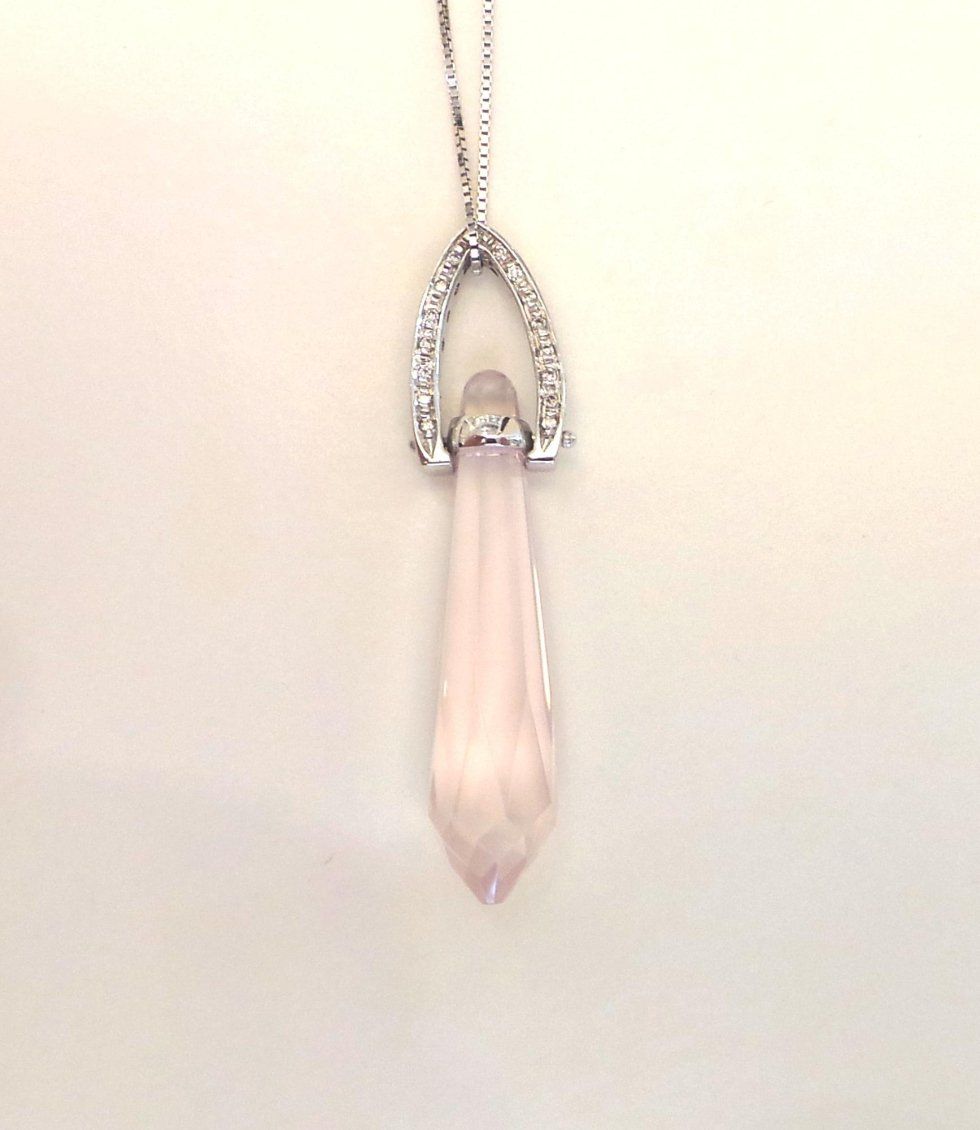 Cattelan - pendente quarzo rosa e diamanti - oro bianco