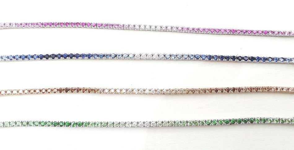 Cattelan - bracciali oro bianco 750 modello tennis mélange - zaffiri naturali rosa - blu -diamanti naturali bianchi e gialli - tzavorite 