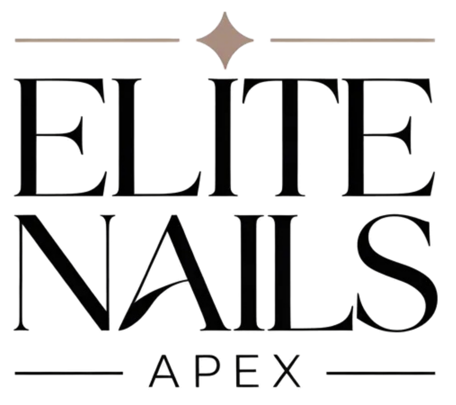 Elite Nails Apex logo in black and beige with minimalist serif lettering.