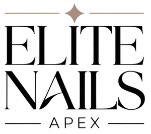 Elite Nails Apex logo in black and beige with minimalist serif lettering.