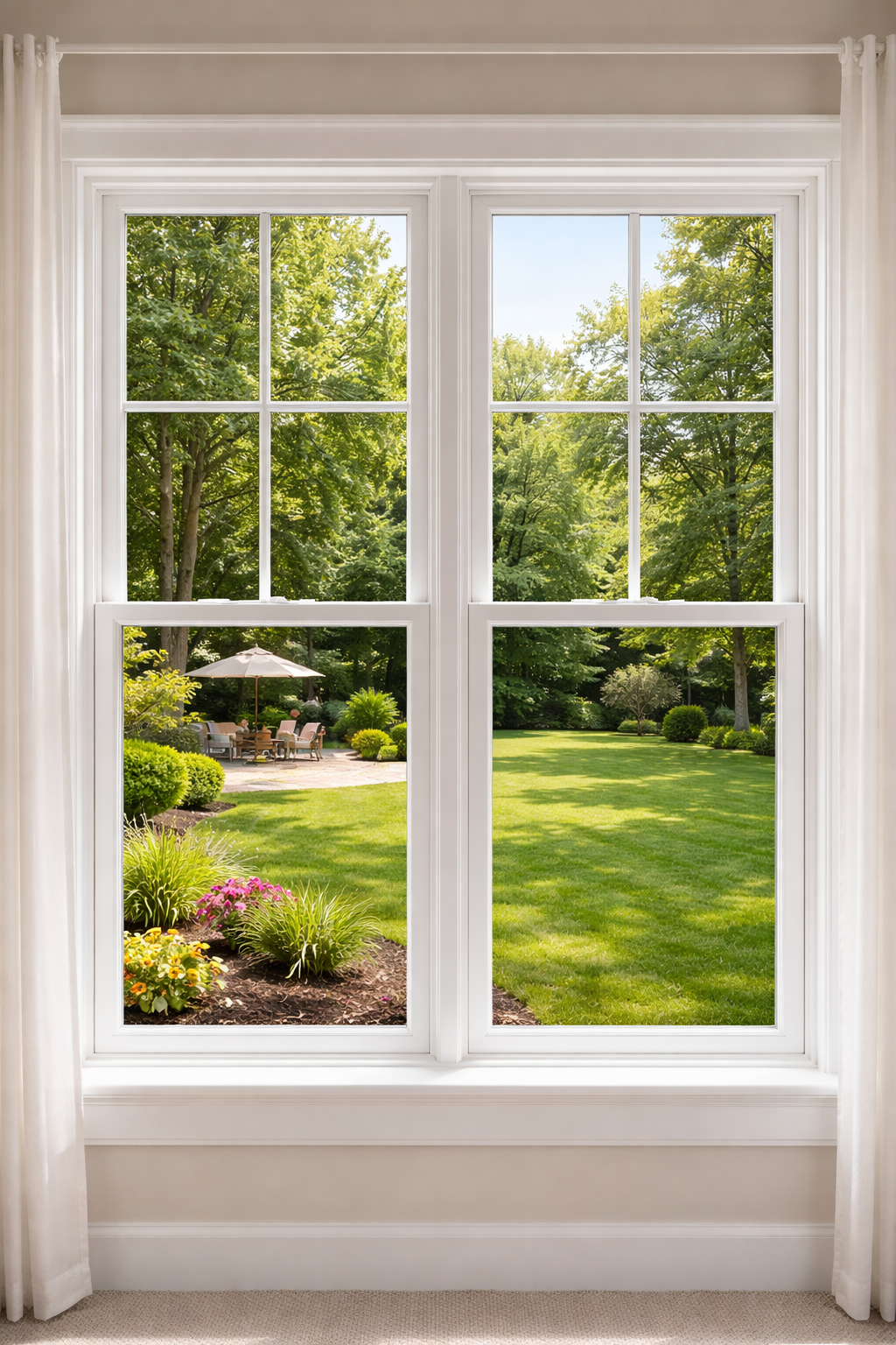 A bright, white-framed window looking out onto a lush green backyard garden with a patio umbrella in the distance.