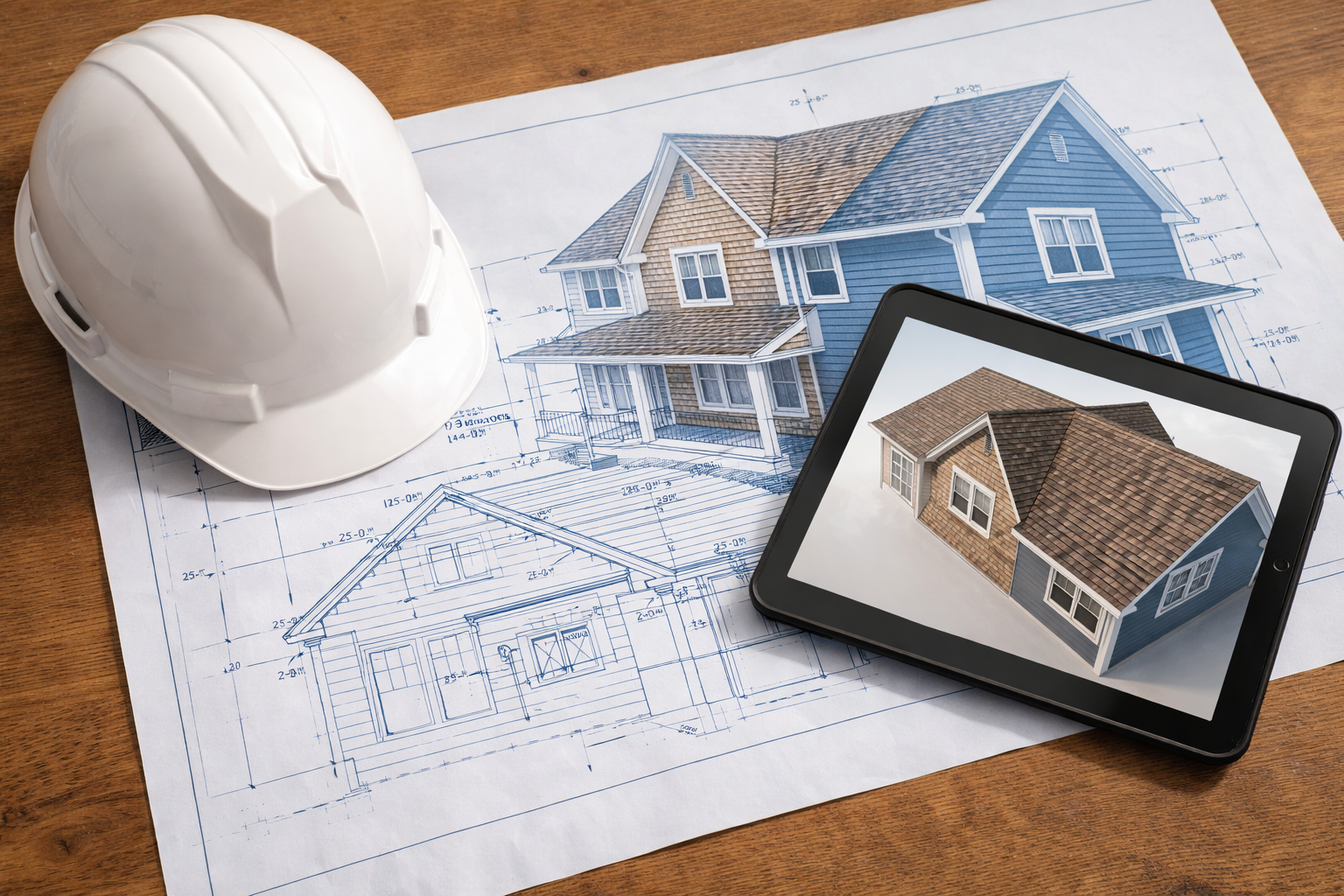 A white hard hat sits on house blueprints next to a tablet showing a 3D rendering of the same home design on a desk.