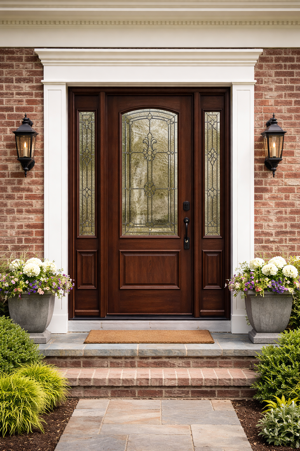 A dark wood front door with a decorative glass panel, flanked by sidelights, lanterns, and potted flowers on brick steps.