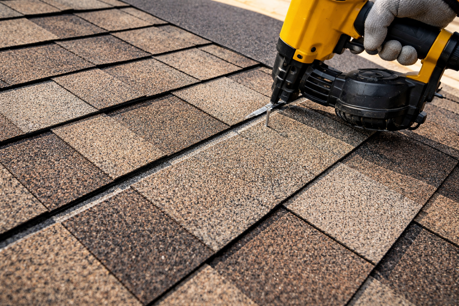 A gloved hand uses a yellow pneumatic nail gun to fasten brown asphalt roof shingles to a rooftop.