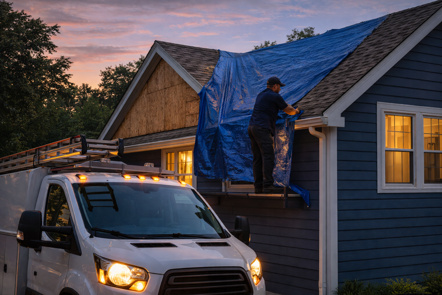 A professional secures a blue tarp over a residential roof next to a white work van at dusk.