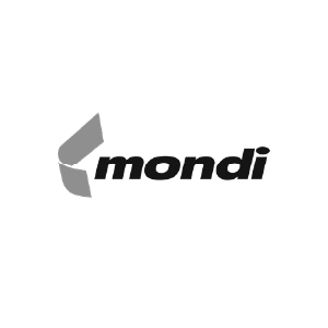 Un logotipo en blanco y negro para Mondi sobre un fondo blanco.