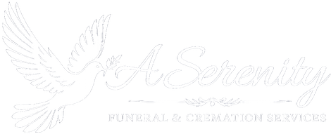 A white logo for Serenity Funeral & Cremation Services featuring a stylized dove in flight.