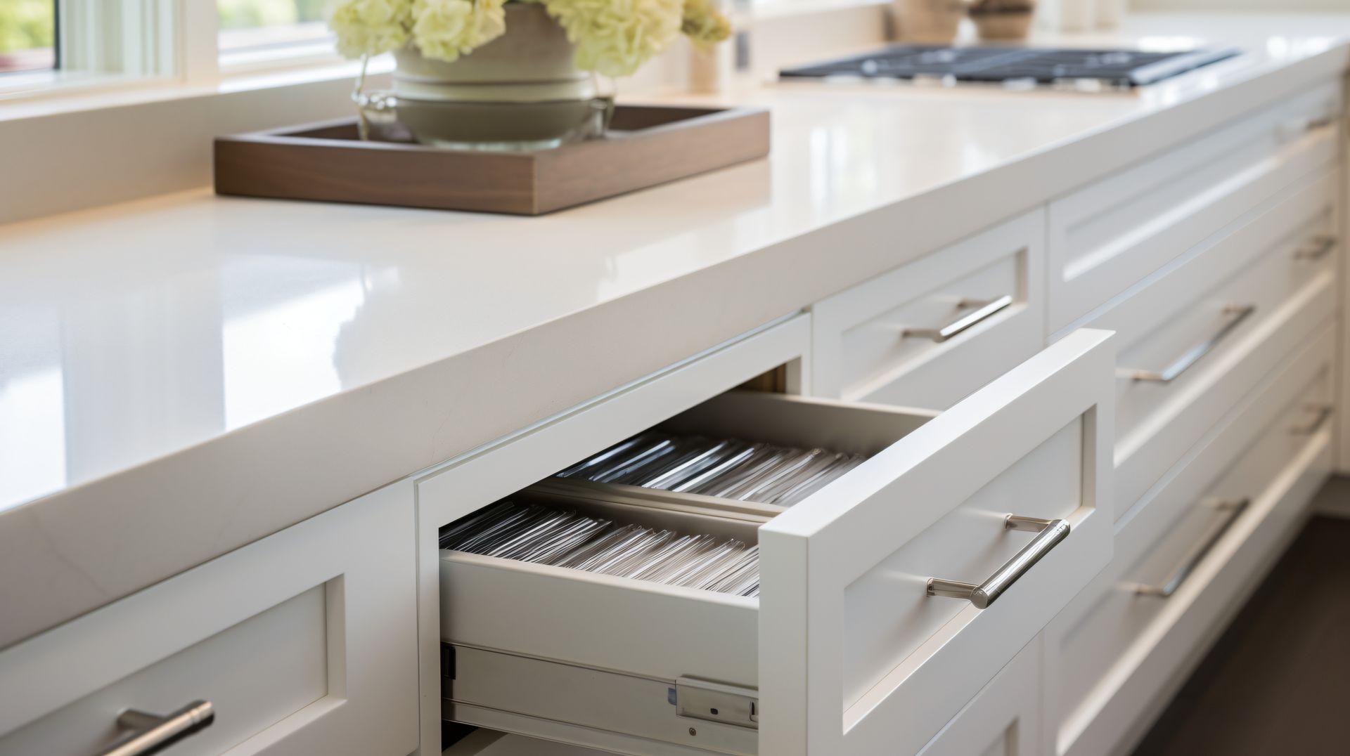 Des tiroirs de cuisine blancs, dont un ouvert avec un plateau à couverts, sont placés à côté d'un plan de travail orné d'une composition florale.