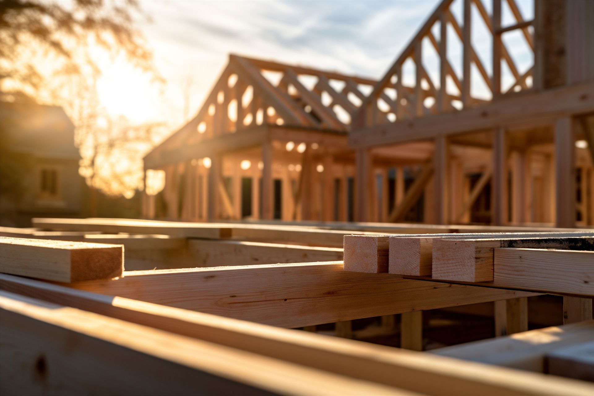 Ossature bois d'une maison en construction, avec la lumière du soleil en arrière-plan.