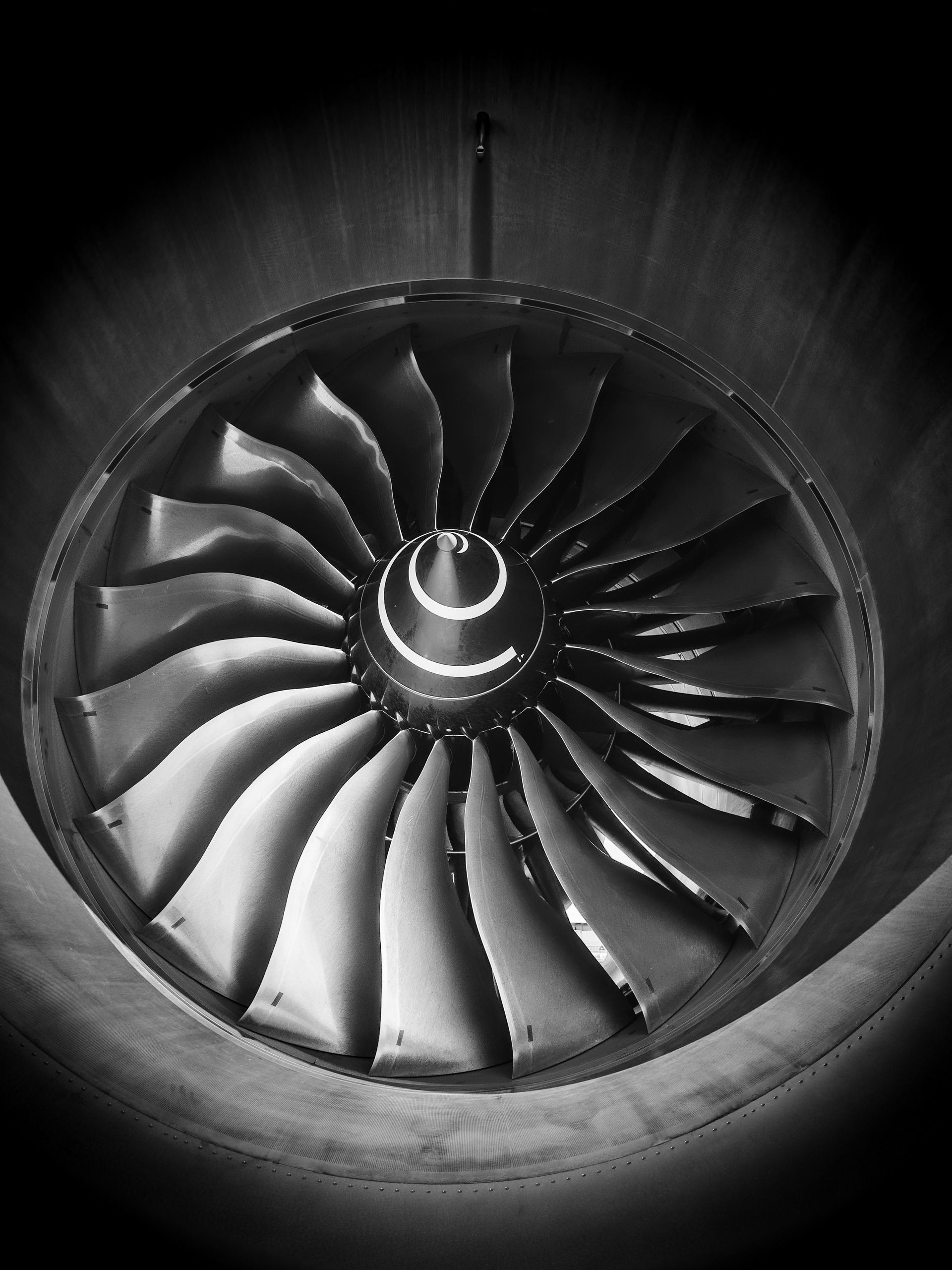 A close-up, black-and-white view of the large fan blades inside the intake of a jet engine.