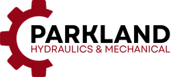 A logo for parkland hydraulics and mechanical with a red gear.