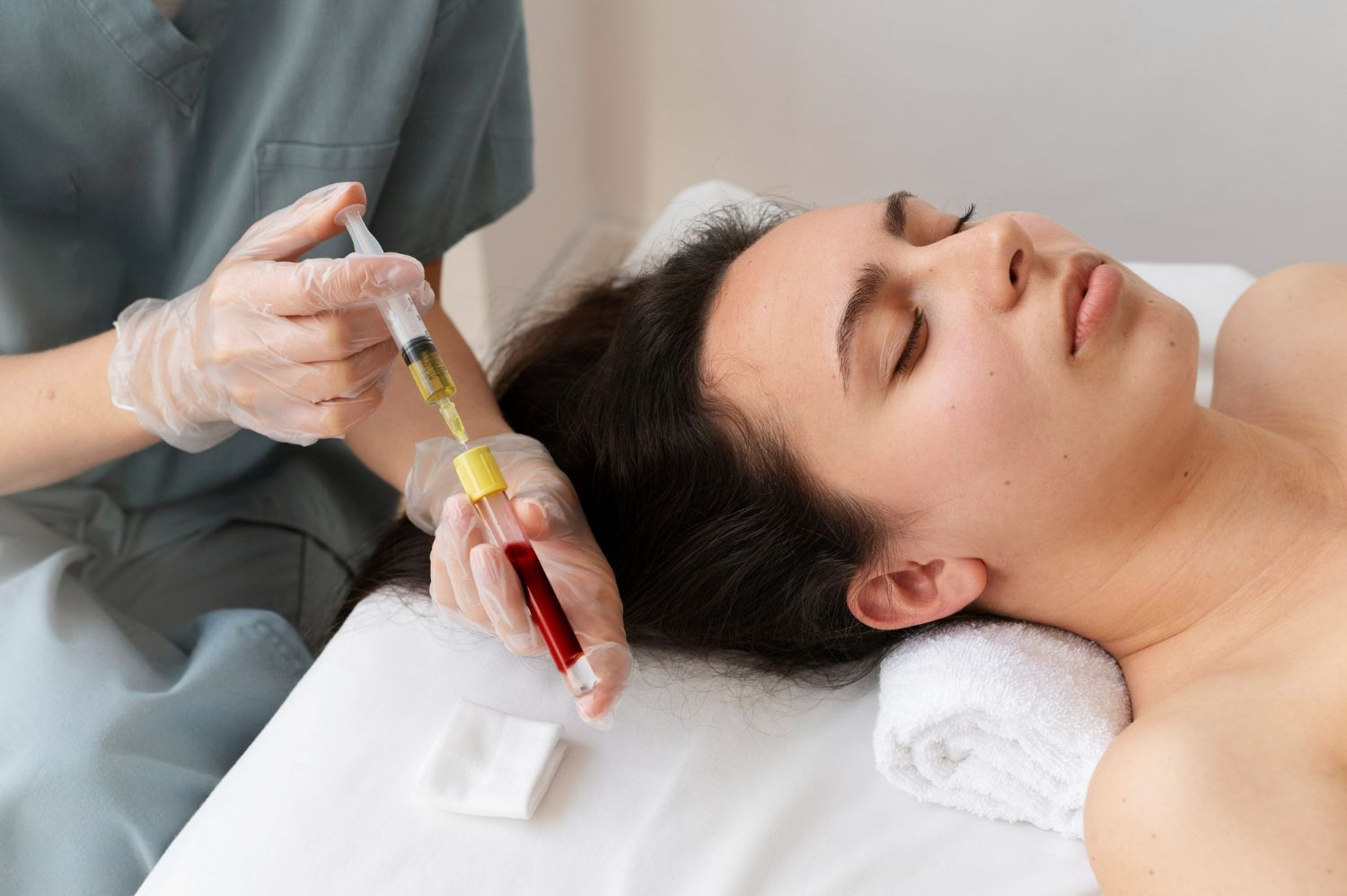 Medical professional drawing blood from a tube into a syringe, patient on a table.