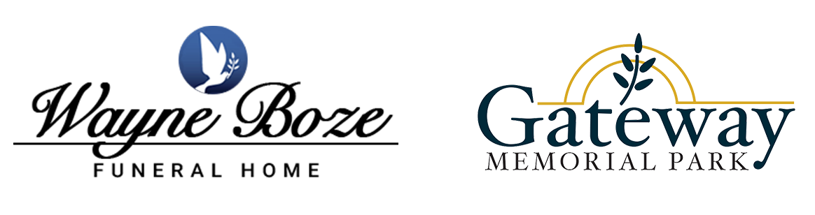 Logos for Wayne Boze Funeral Home featuring a blue dove icon and Gateway Memorial Park featuring a gold arch and leaves.