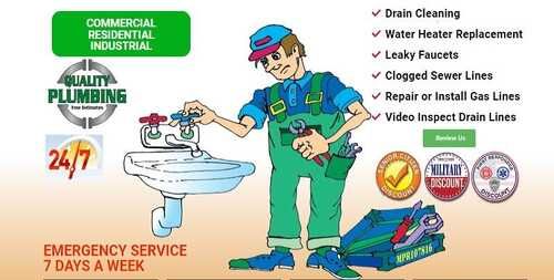 Plumber in green overalls working on a sink. Services include drain cleaning, gas line repair.