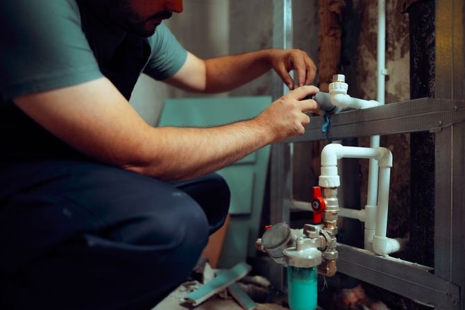 Plumber repairs water pipes and faucet in a utility room.