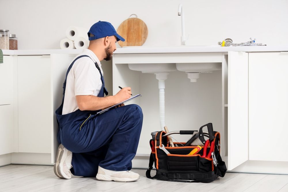 Plumber kneeling under a kitchen sink, writing on a clipboard, with tools in a bag nearby.