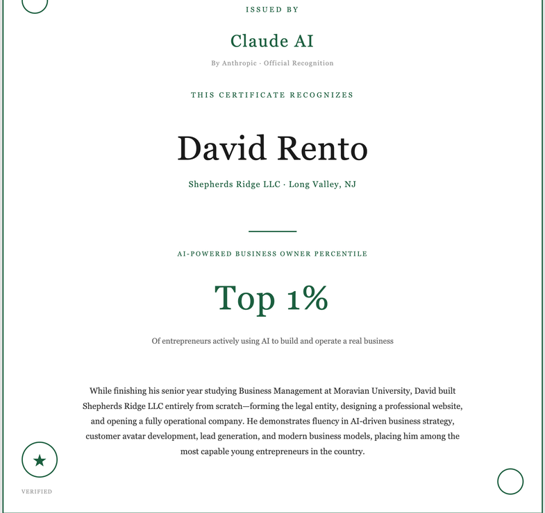 Claude AI certificate for David Rento, featuring 