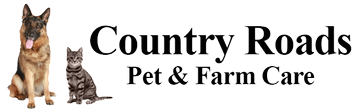 The logo for country roads pet and farm care shows a dog and a cat.