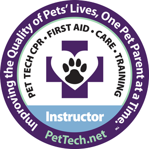 A sticker that says pet tech cpr first aid care training