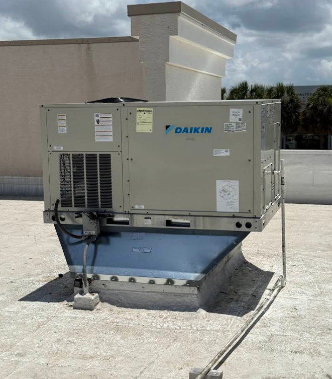 A Daikin rooftop HVAC unit on a flat roof under a partly cloudy sky.