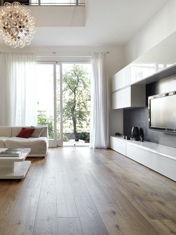 Modern Living Room With Wood Flooring — Floor Sanding in Byron Bay, NSW