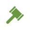 A green judge 's gavel icon on a white background.