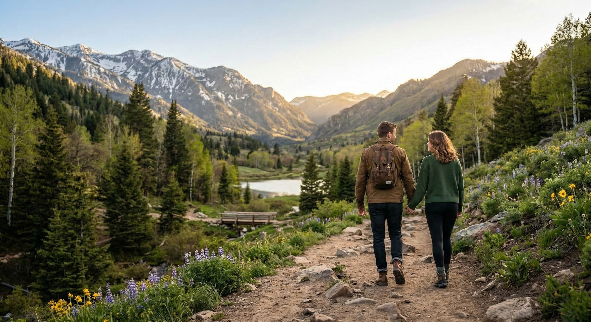 Two people hike along a dirt path towards a lake surrounded by mountains and evergreen trees at sunrise.