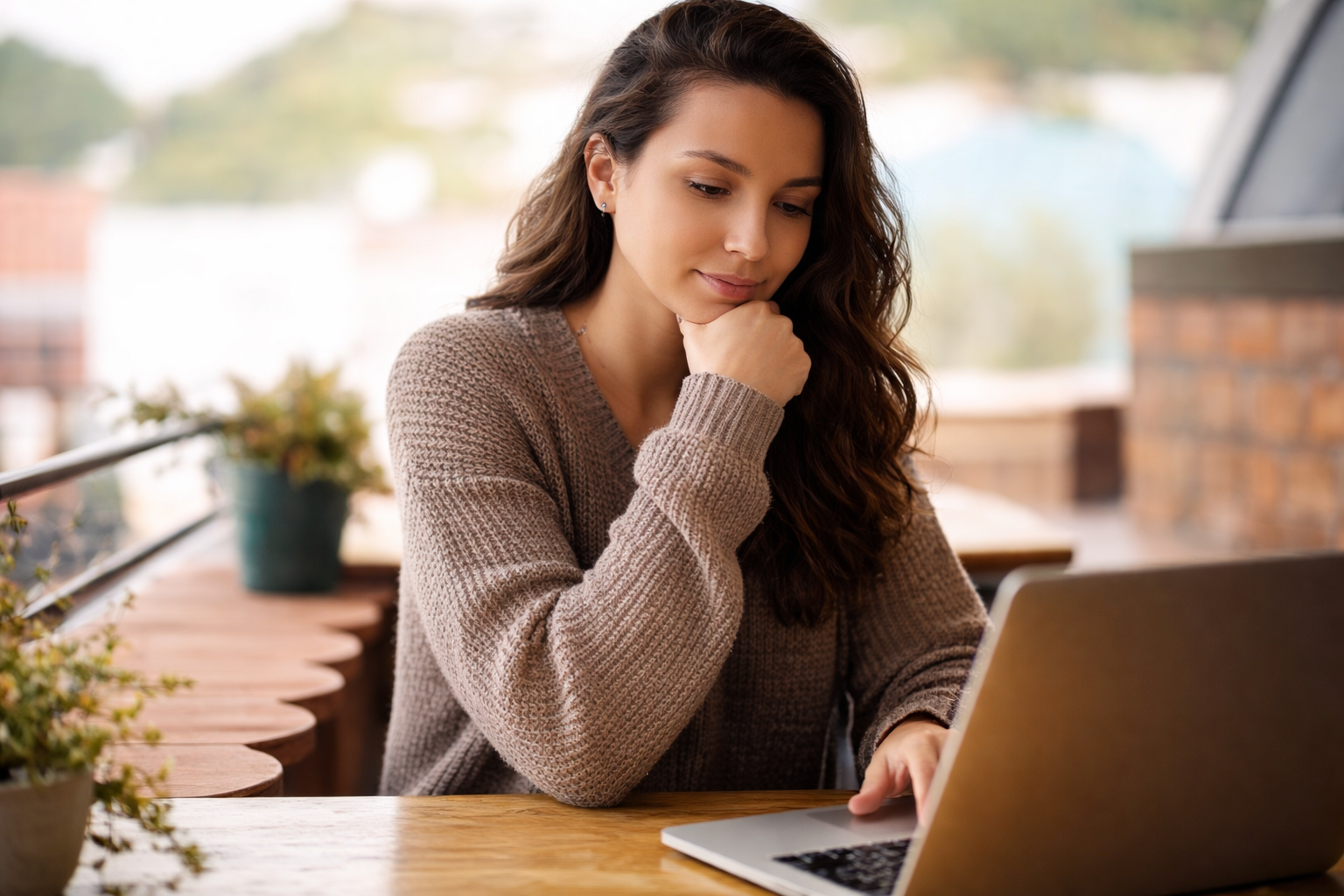A person wearing a brown sweater sitting at a wooden table and looking at a laptop, with a potted plant nearby.