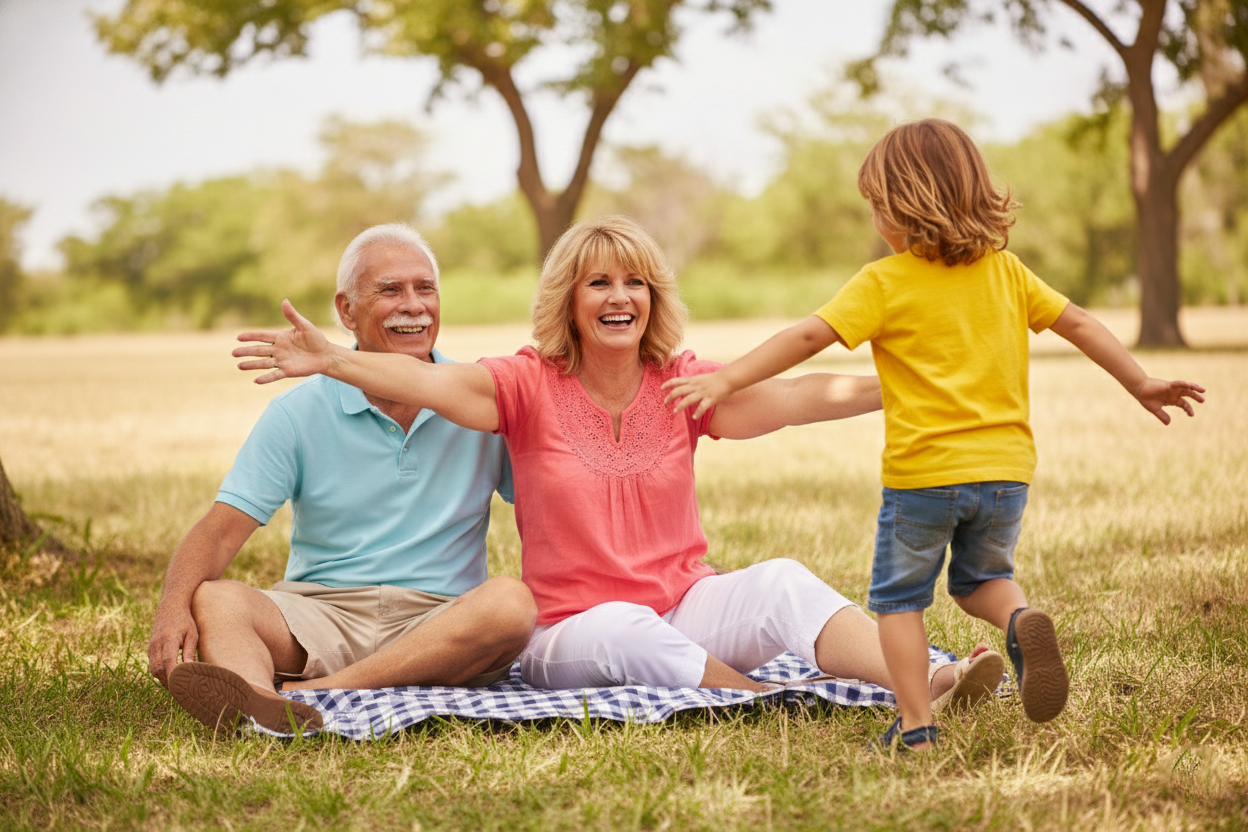 Two adults sit on a blanket in a park with arms open to a young child running toward them to embrace them.