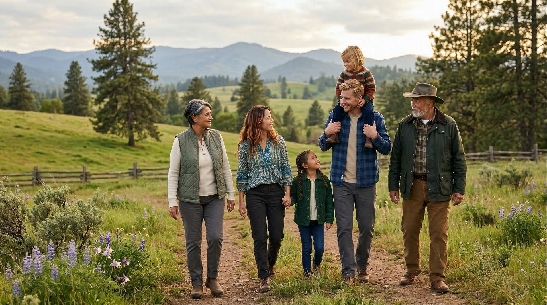 A family walks along a grassy, mountainous path at dusk, with one adult carrying a child on their shoulders.