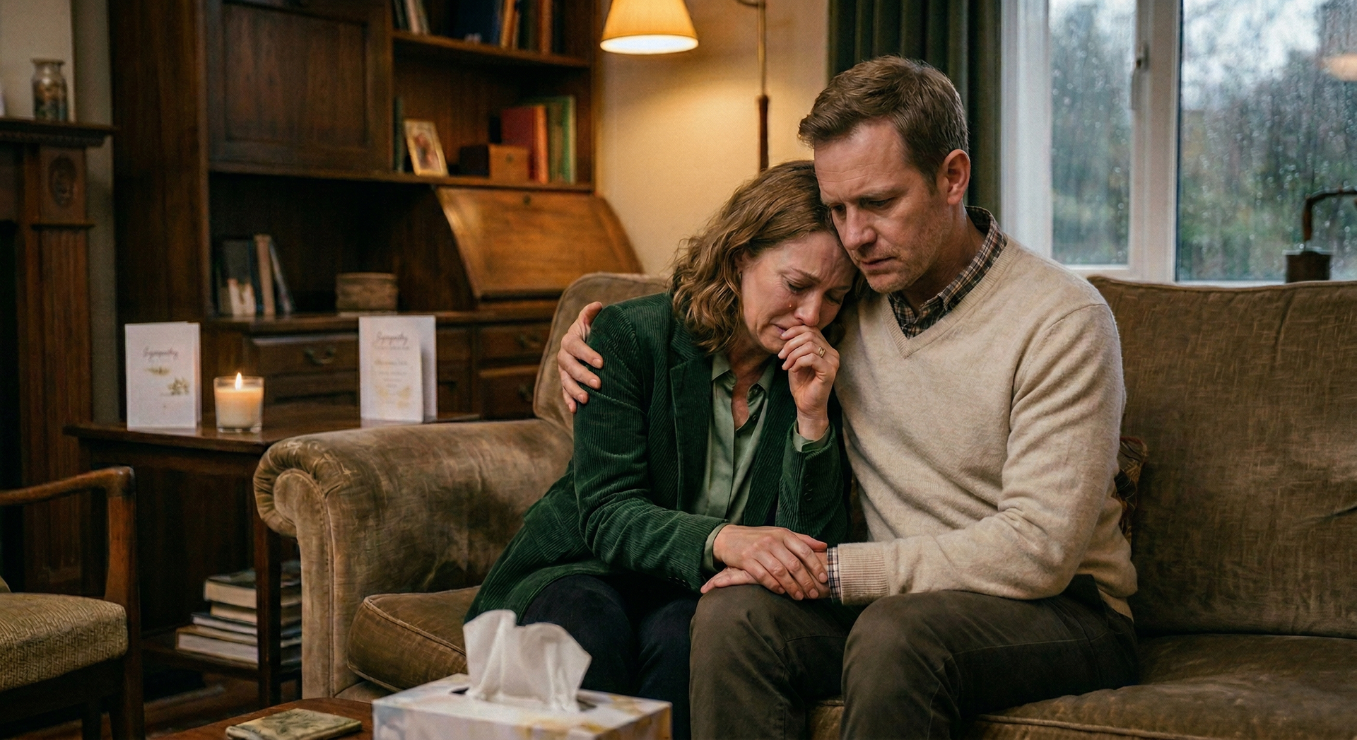 A woman in a green jacket cries while leaning on the shoulder of a man in a beige sweater, both sitting on a couch.