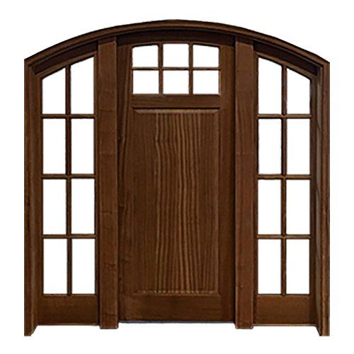 Unique arched exterior door with 6 small lites in top panel and 8 lites in sidelites
