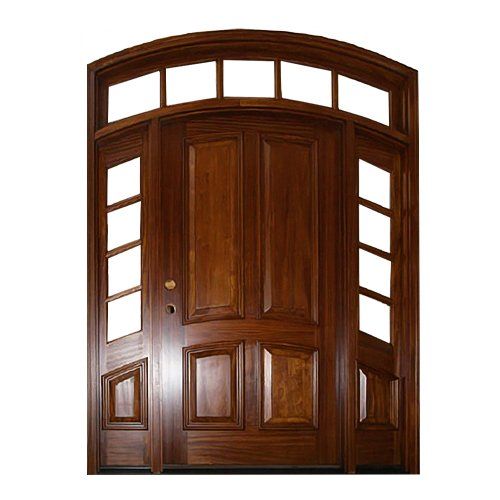 Eyebrow radius 4 solid panel exterior door with arched 4 lite sidelites and matching transom
